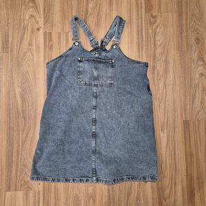 Denim Overall Dress with Front Pocket - Washed Blue